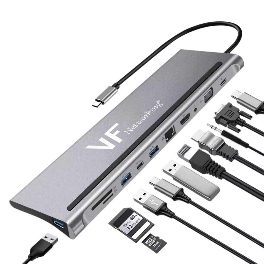 Hub USB-C 11 En 1 Con 3 USB 3.0, Red, HDMI, SD Y 100W
